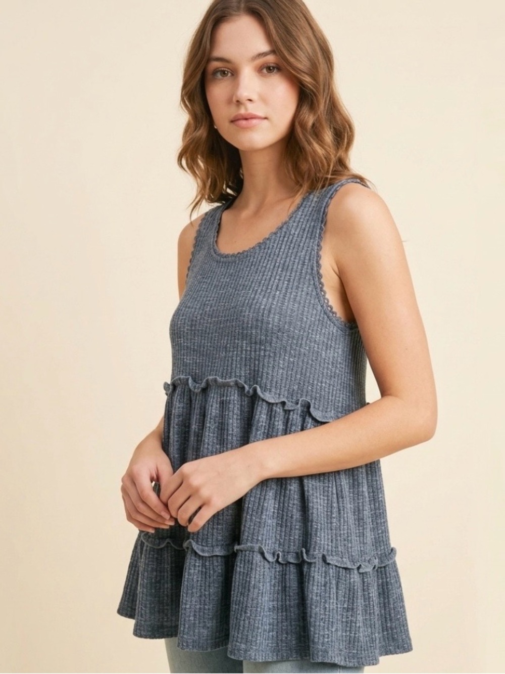 NWT Umgee Ruffle Tiered Babydoll Knit Tunic Tank Top Blue Grey Medium - Picture 3 of 15